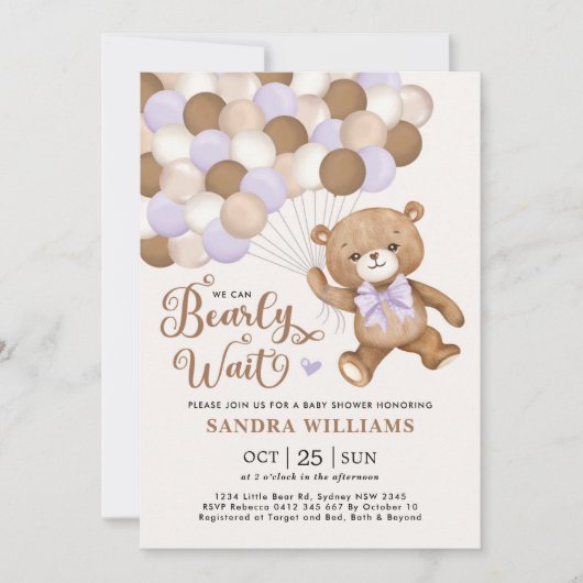 Paars we kunnen wachten tot Teddy Bear Baby shower Kaart (Voorkant)