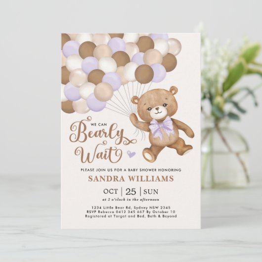 Paars we kunnen wachten tot Teddy Bear Baby shower Kaart (Staand voorkant)