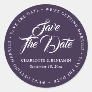 Paars we worden getrouwd met Save the Date Ronde Sticker