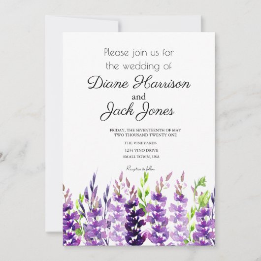 Paars Wedding Waterverf Lavender Kaart (Voorkant)