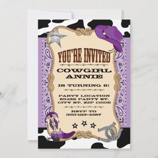 Paars Western, Cowgirl Birthday Party Kaart (Voorkant)