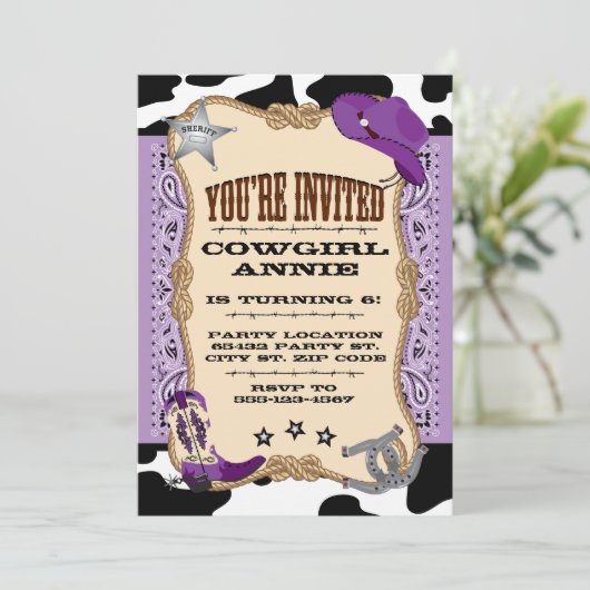 Paars Western, Cowgirl Birthday Party Kaart (Staand voorkant)