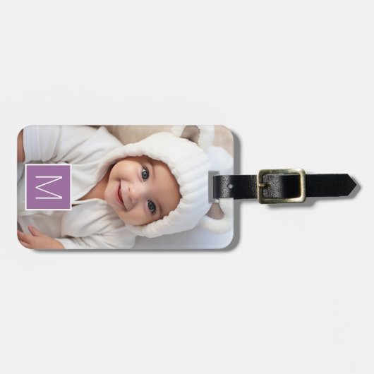 Paars White 1 Foto Collage Aangepast monogram Bagagelabel (Voorkant horizontaal)