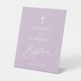 Paars-White Cross-Girl Baptism Welkomstteken Reclamebord Met Voetstuk