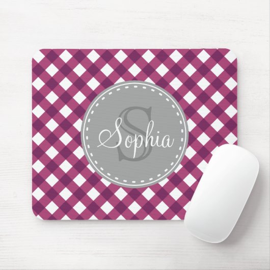 Paars White Gingham Pset Pattern Monogram Muismat (Met muis)