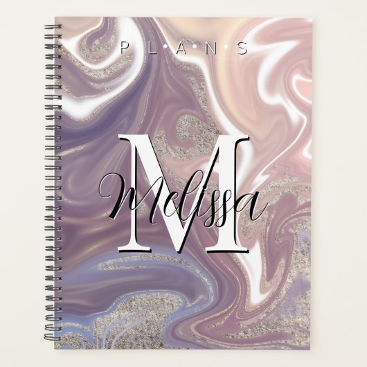 Paars-White Gold Modern Monogram Abstract Planner (Voorkant)