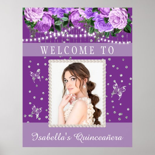 Paars White Quinceañera Photo Pearls Welcome Poster (Voorkant)