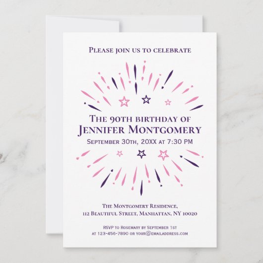 Paars White Roze 90th Birthday Party Fireworks Kaart (Voorkant)