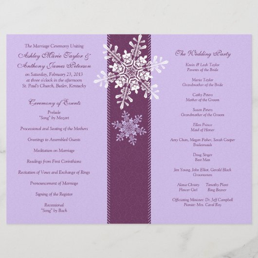 Paars White Snowflakes Winter Wedding Programme (Achterkant)