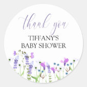 Paars Wildbloem Baby shower Dank u wel script Ronde Sticker (Voorkant)