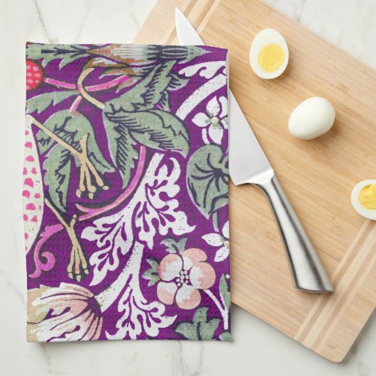 Paars William Morris Strawberry Thief Pattern Theedoek (Quarter Fold)