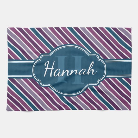 Paars wit Blauwgroen bandstaal monogram Theedoek (Horizontaal)