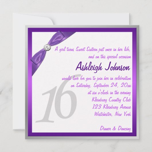 Paars, wit en zilver met Kristal Sweet 16 Kaart (Voorkant)