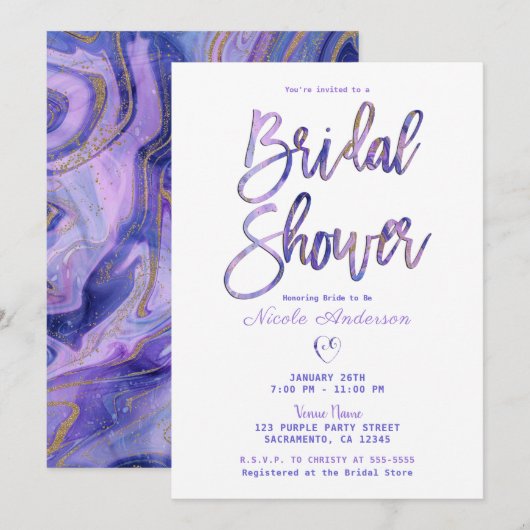 Paars Wit Gouden Marmer Chique Glam Bruidsdouche Kaart (Voorkant / Achterkant)