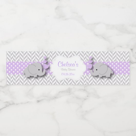 Paars, wit grijs olifant Baby shower Waterfles Etiket (Enkel label)