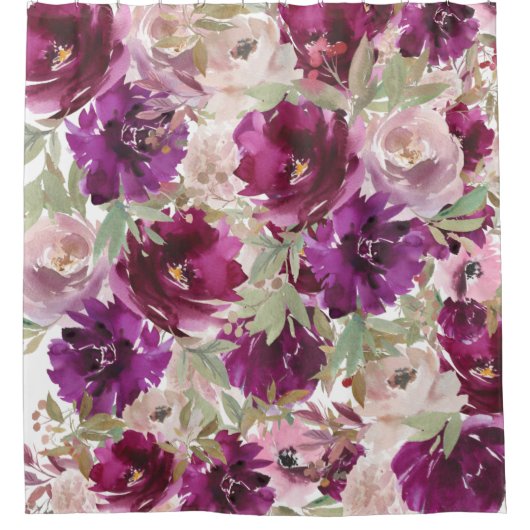 Paars-wit-groen botanisch schotelgordijn douchegordijn (Voorkant)