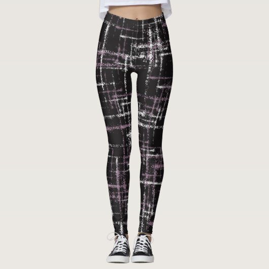 Paars wit op zwarte, verspreide pleinen leggings (Voorkant)