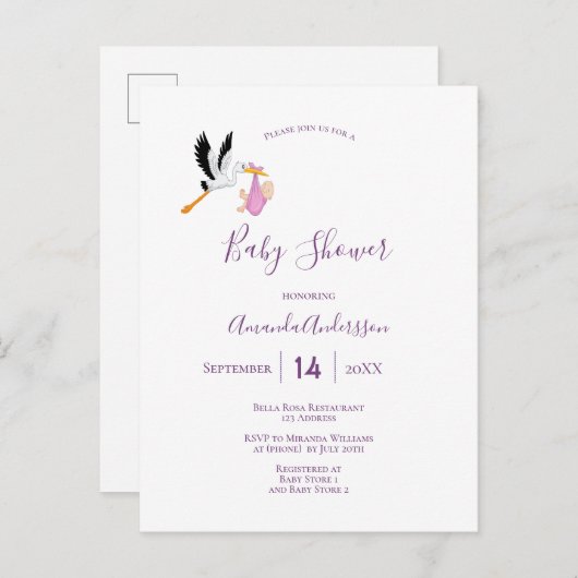 Paars wit schattig baby shower briefkaart (Voorkant / Achterkant)