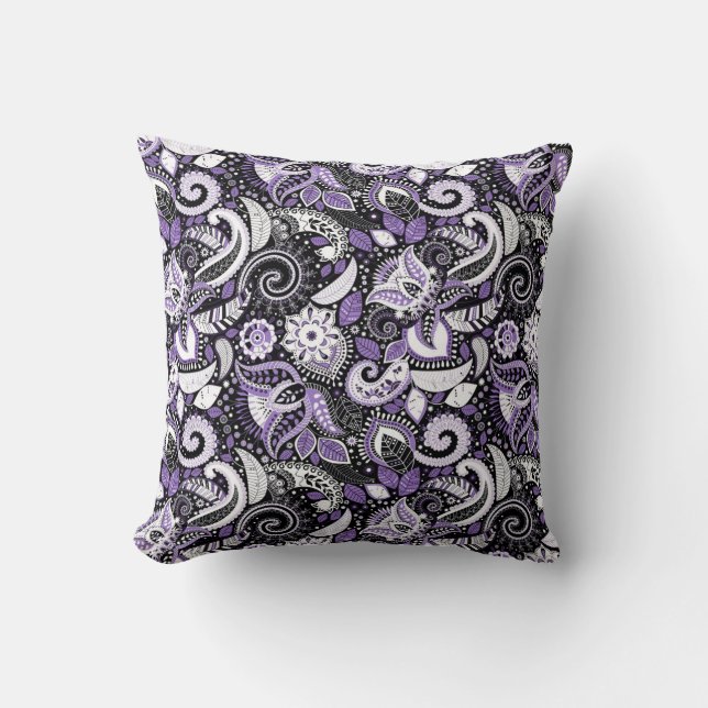 Paars Wit Zwart Paisley Print Patroon Kussen (Voorkant)