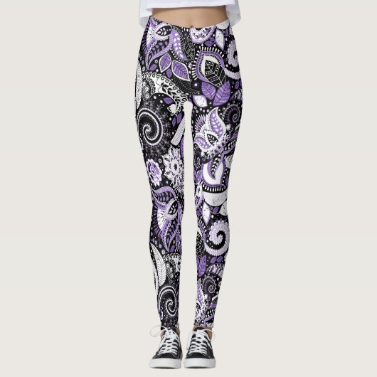Paars wit zwart schilderspatroon leggings (Voorkant)