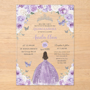 Paars Witte Bloemige Prinses Quinceañera XV 16 Acryl Uitnodigingen