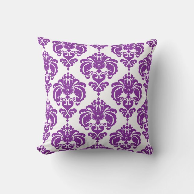 Paars & Witte Damast Moderne Elegante Patroon Kussen (Voorkant)
