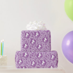 Paars & Witte Eenhoorn Bloem Blad Patroon Cadeaupapier