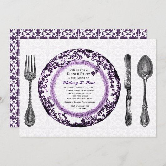 Paars-witte fijne diner kaart (Voorkant / Achterkant)