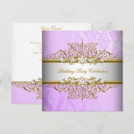 Paars Witte Goud Elegant Feest Kaart (Voorkant / Achterkant)