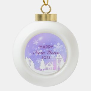 Paars Witte Huis Sneeuwige Nieuwjaar 2023 Keramische Bal Ornament
