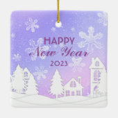 Paars Witte Huis Snowflakes Nieuwjaar 2023 Keramisch Ornament (Achterkant)