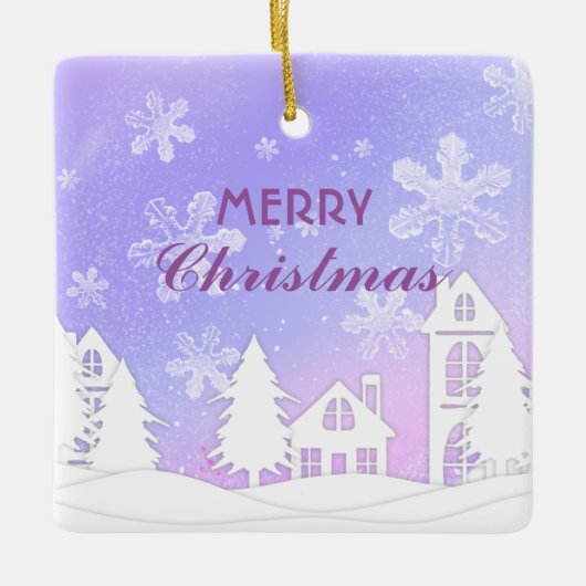 Paars Witte Huis Snowflakes Nieuwjaar 2023 Keramisch Ornament (Voorkant)