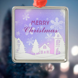 Paars Witte Huis Snowflakes Nieuwjaar 2023 Metalen Ornament