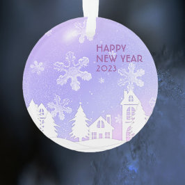Paars Witte Huis Snowflakes Nieuwjaar 2023 Ornament
