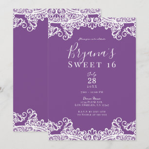 Paars & Witte Kant Elegant Sweet 16 Feestje Kaart