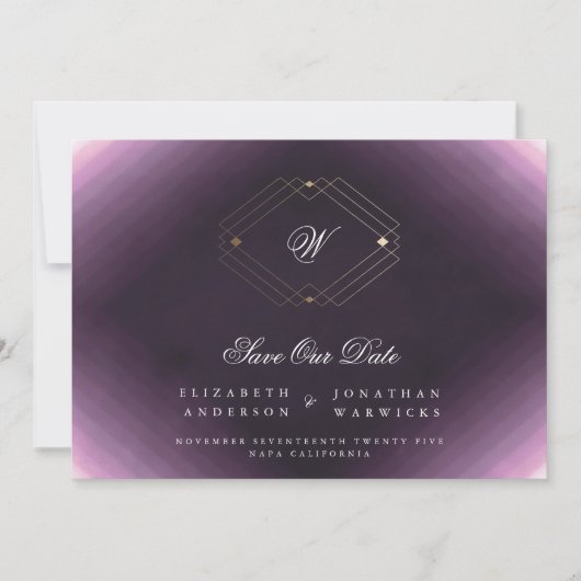 paars-witte klassieke deco goudmonogram save the date (Voorkant)
