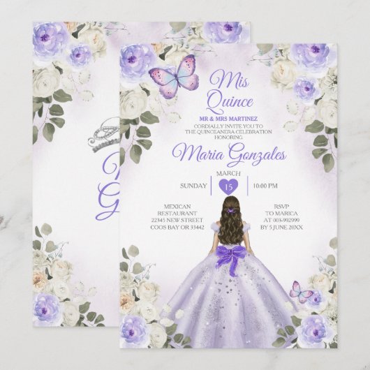 Paars & Witte Mis Quince 15 Jaar Zilveren Kroon Kaart (Voorkant / Achterkant)