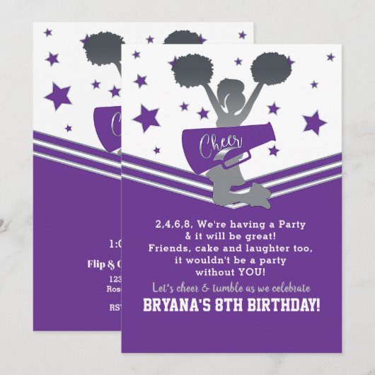 Paars & Witte Sterren Cheer Cheerleading Feest Kaart (Voorkant / Achterkant)