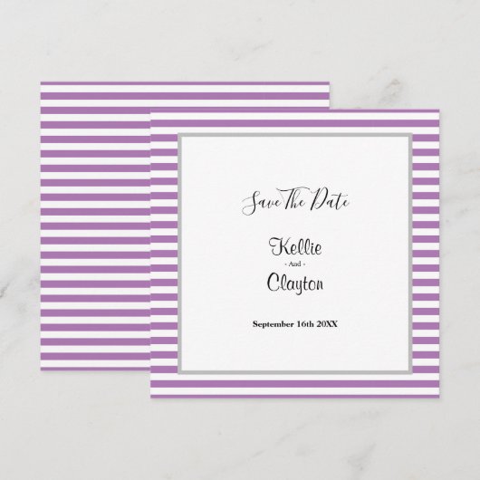 Paars/Witte Strepen Lijst Wedding Save The Date (Voorkant / Achterkant)