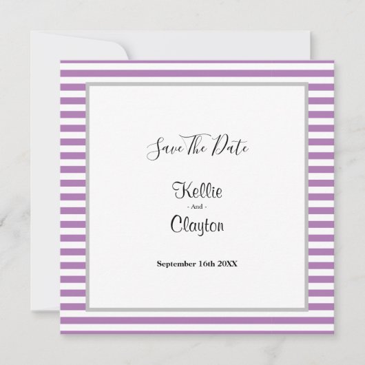 Paars/Witte Strepen Lijst Wedding Save The Date (Voorkant)