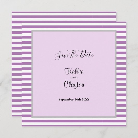 Paars/Witte Strepen Omlijst Huwelijk Save The Date (Voorkant / Achterkant)