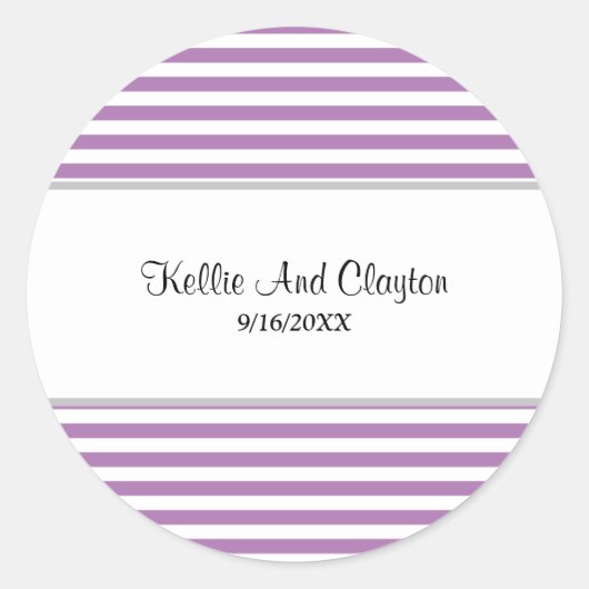 Paars/Witte Strepen Trouwfeest Ronde Sticker (Voorkant)