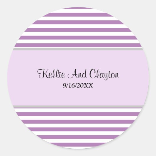 Paars/Witte Strepen Trouwfeest Ronde Sticker (Voorkant)