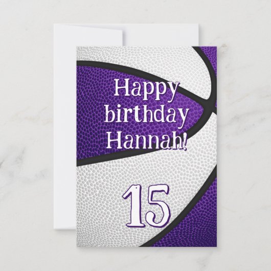 Paars witte teamkleuren meisjes basketbal verjaard kaart (Voorkant)