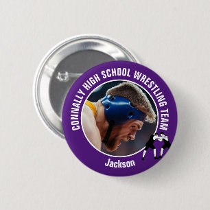 Paars worstelteam foto middelbare school worstelaa ronde button 5,7 cm