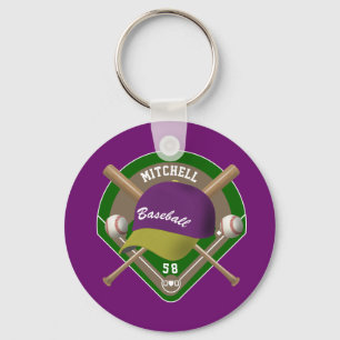 Paars Yellow Baseball Diamond Player Name Number Sleutelhanger