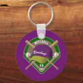 Paars |Yellow Baseball Diamond Player Name Number Sleutelhanger (Voorkant)