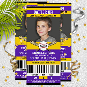 Paars Yellow Ticket Style Baseball Birthday Party Kaart