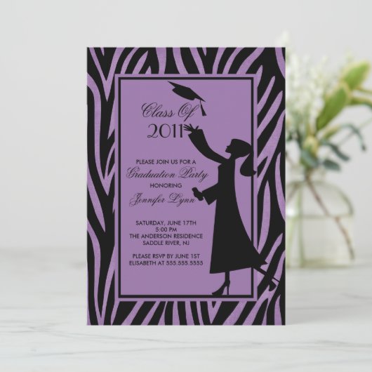 Paars Zebra Afstuderen Uitnodiging Silhouette Afst (Staand voorkant)