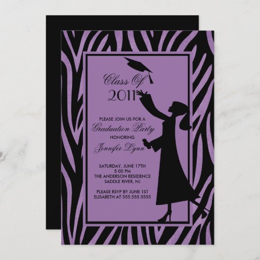 Paars Zebra Afstuderen Uitnodiging Silhouette Afst (Voorkant / Achterkant)